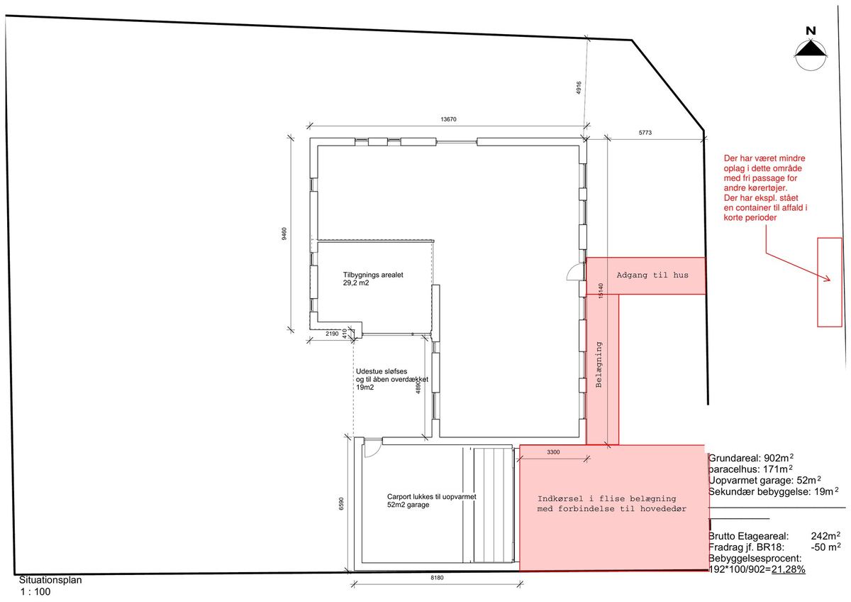 Situationsplan med carport, garage og afstande