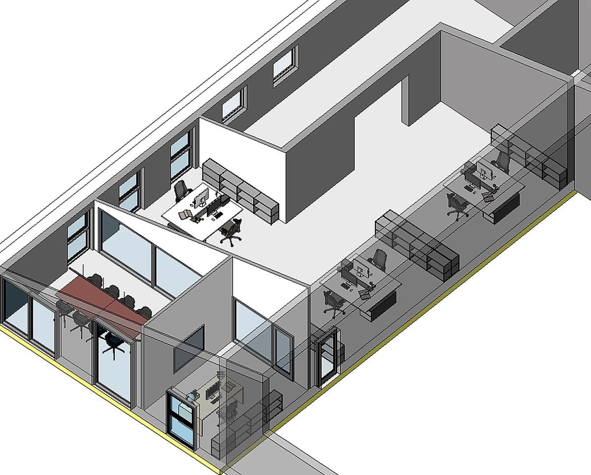 3D-snit af bygning med konstruktioner